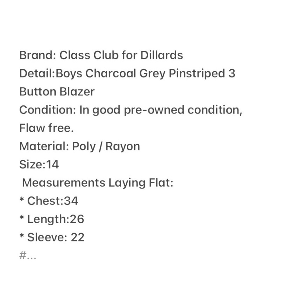 Class Club Dillard's Boys Charcoal Grey Pinstripe 3 Button Blazer Suit Jacket 14 - Picture 5 of 5